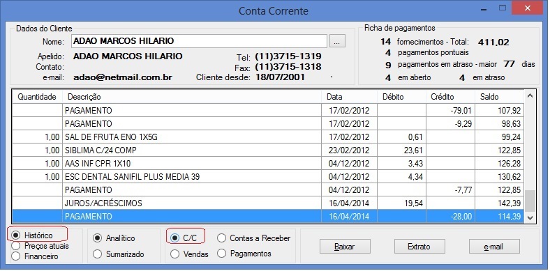 Conta Corrente - Opção Histórico