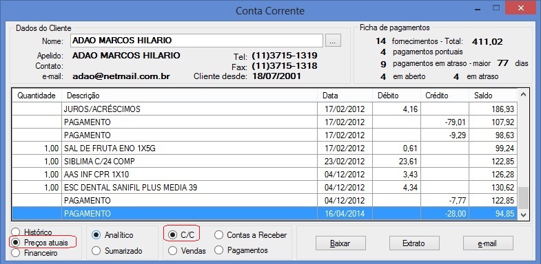 Conta Corrente - Opção Preços atuais