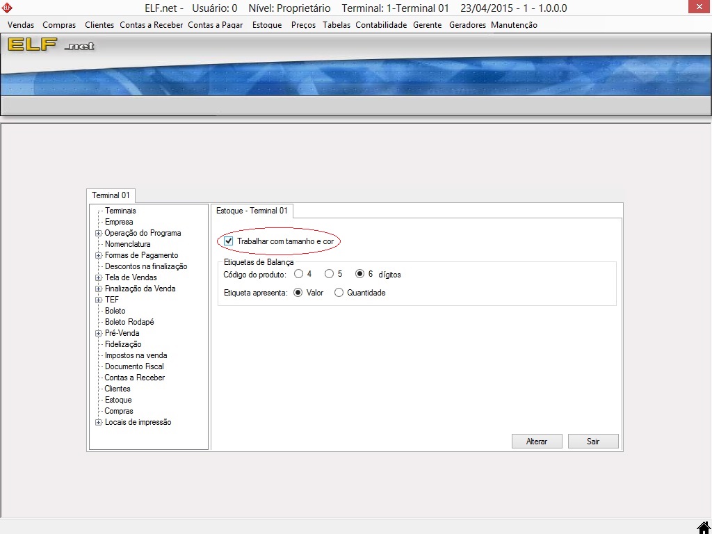 Configure seu programa para trabalhar com tamanho e cor.
