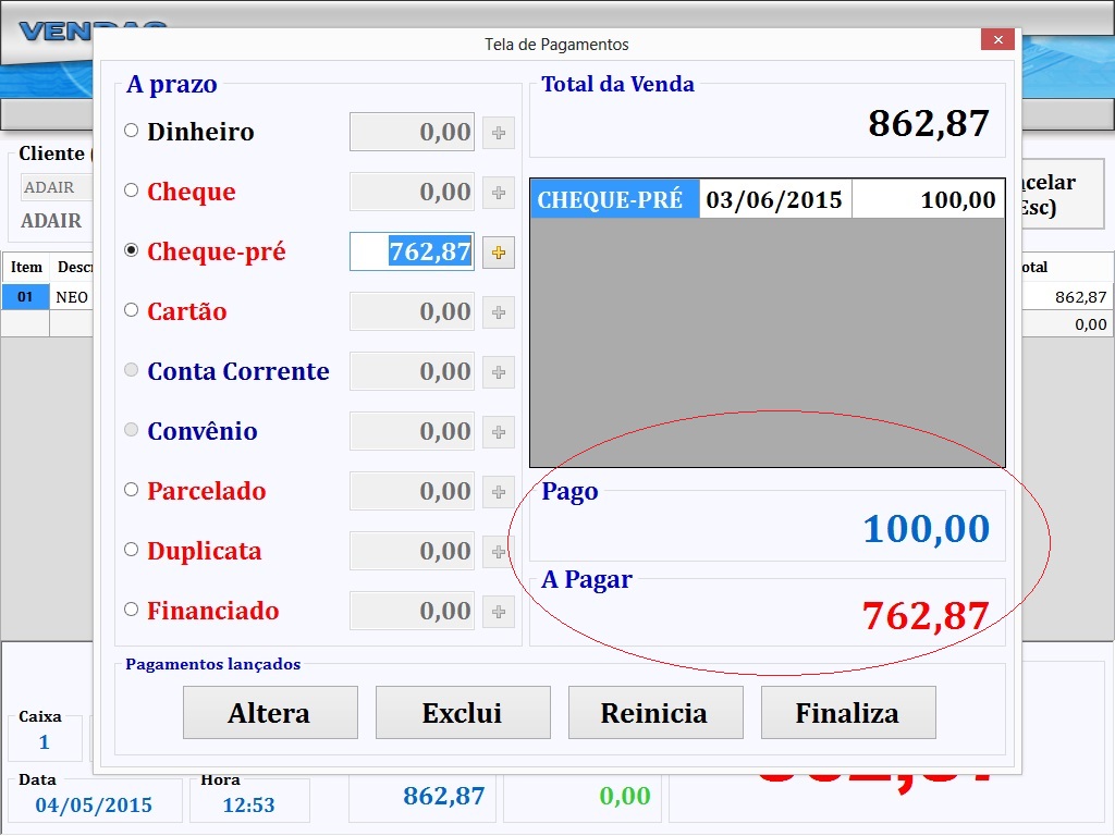 Para usuários que não tenham permissão para liberar, o programa permite que seja lançado a prazo o valor correspondente ao limite.