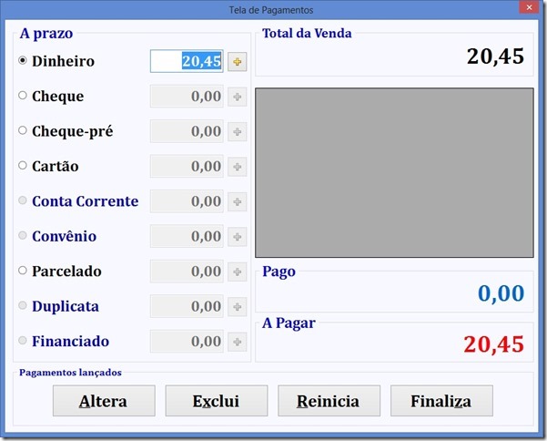 Tela de pagamentos